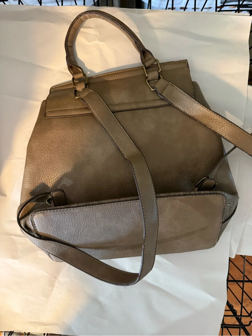 Floral Embossed Taupe Leather Backpack